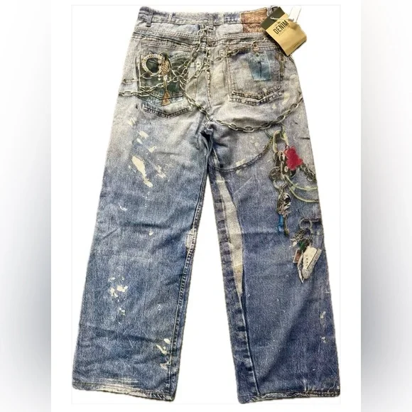 Streetwear Graphic Chain Print Wide Leg Jeans Men M 33 Boho Relaxed Denim NWT - Picture 12 of 13